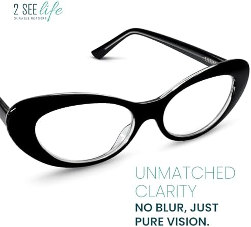 2SeeLife Oversized Cat Eye Reading Glasses for Women – Medium-Large Fit, Sturdy Frame, Spring Hinges, Premium Cateye Readers, Black, +1.75