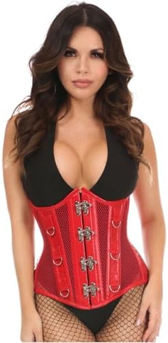 Daisy corsets Women's Daisy Corsets Top Drawer Red Faux Leather & Fishnet Steel Boned Under Bust Corset
