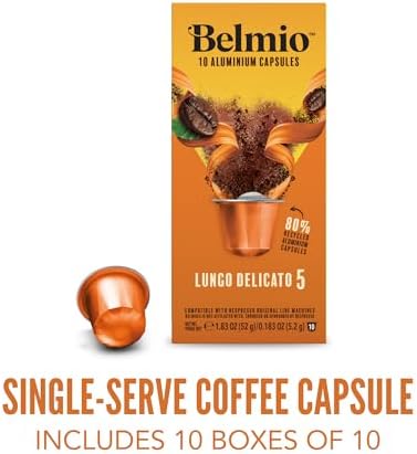 Belmio Lungo Delicato Espresso Coffee Pods – Light Roast – Mild & Aromatic - Nespresso Original Line Compatible – 10 Count (Pack of 10)