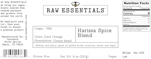 Raw Essentials Harissa Spice Blend - Moroccan Style Smoky Sweet Chili Seasoning - Great on Grilled Foods, Couscous, Stews and Dips - Gluten Free and Vegan - 8 Ounce Bottle