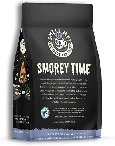 Bones Coffee Company S'morey Time, S'mores and Graham Crackers Flavored Coffee, Medium Roast Low Acid Arabica Beans Compatible with Auto drip and French Press Coffee Maker, 12 Oz Whole Bean