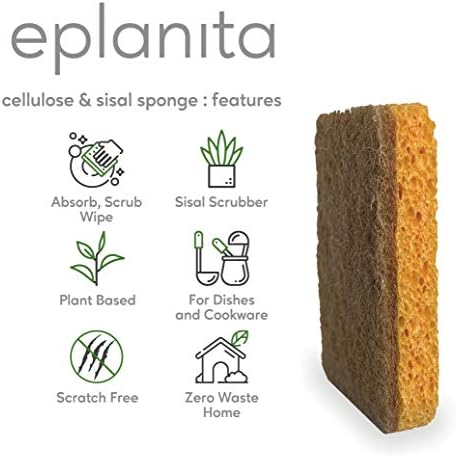 eplanita Natural Plant Based Scrub Sponges (3 Pack), Non-Scratch, Biodegradable Eco Scourers for Kitchen and Bathroom