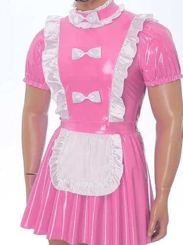 Mufeng Mens Sissy Maid Dress with Apron Doll Collar Puff Sleeve Ruffle Lace Patent Leather A-Line Dress