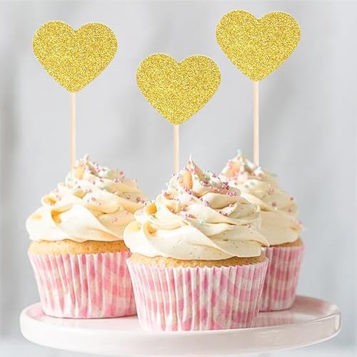 20 Pcs Heart Shaped Glitter Cupcake Decorations, Gold Cake Topper Suitable for Wedding Party Birthday Party Anniversary Cake Toppers