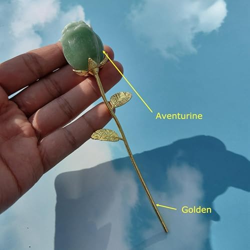 Crystal Rose Gemstone Flower Jewelry Carved Home Decoration,Reiki Heal,Girlfriend Gift,Mom's Gift,Valentines Gift 1pc (Rose Quartz,Golden stem)