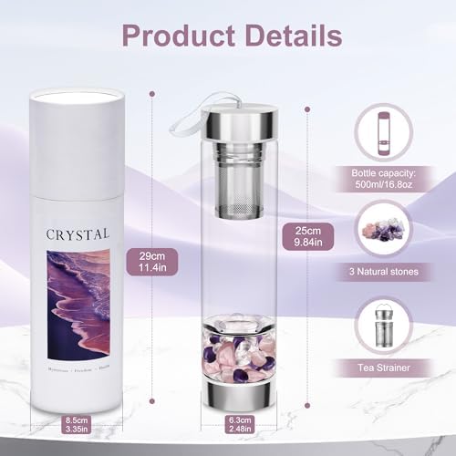 500ml Crystal Water Bottle with Removable Strainer - Includes Amethyst & Rose Quartz Stones, for Tea Lovers