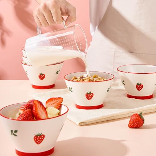 Ice Cream Bowls Set of 6, 12 OZ Small Ceramic Bowls for Soup, Rice and Side Dishes, Cereal Bowl for Dessert and Fruit - Cute Strawberry Pattern