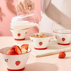 Ice Cream Bowls Set of 6, 12 OZ Small Ceramic Bowls for Soup, Rice and Side Dishes, Cereal Bowl for Dessert and Fruit - Cute Strawberry Pattern