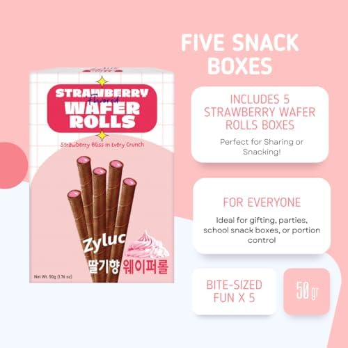 Zyluc Strawberry Wafer Rolls – Crispy Cream-Filled Cookies, Sweet Strawberry-Flavored Snack, 200 Calorie Portion Pack, No Cholesterol, Zero Trans Fat, Premium Treat (50g x 5 Boxes)
