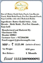 Ghasitaram Gifts Rakhi Gifts for Brothers Best of 5 Butter Chakli Sticks Pouch, Coin Biscuits Pouch, Methi Mathi Pouch, Peri Peri Almonds Pouch, Kaju katli Box with with 2 Rudraksh Rakhis