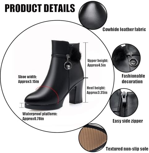 Women's Leather Platform Chunky Heel Ankle Boots with Rhinestone Belt Buckle Decor Fashion Pointed Toe Side Zipper High Block Heels Dress Boots