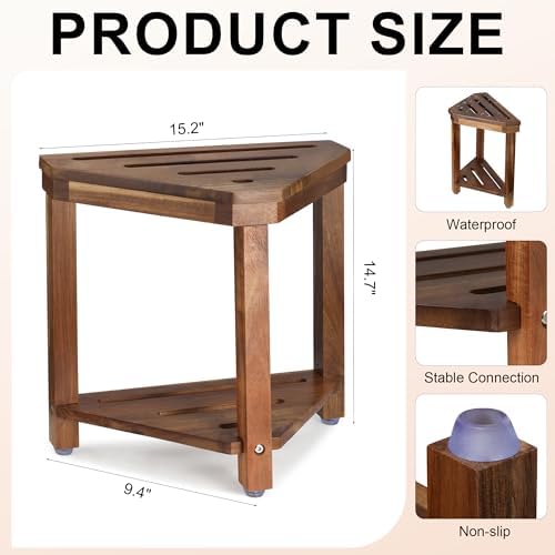 Acacia Wood Shower Stool for Shaving Legs, Shower Foot Rest with Storage Shelf for Inside Small Shower Spaces, Waterproof Shower Foot Stool for Inside Shower, Corner Bath Shower Bench