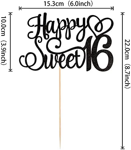 1 PCS Happy Sweet 16 Cake Topper Glitter 16th Birthday Cake Pick Cheers to 16 Years Sweet 16 Birthday Cake Decoration for Happy 16th Birthday Anniversary Party Decorations Supplies Black