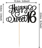 1 PCS Happy Sweet 16 Cake Topper Glitter 16th Birthday Cake Pick Cheers to 16 Years Sweet 16 Birthday Cake Decoration for Happy 16th Birthday Anniversary Party Decorations Supplies Black