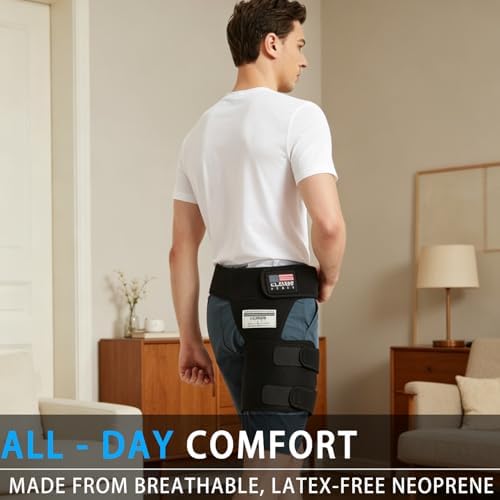 Hip Brace - Comfortable Groin Support Wrap for Sciatica Pain Relief, Compression Neoprene Thigh Sleeve Hamstring for Pulled Quadriceps Muscle - Flexor Strain - Bursitis and Arthritis(Black Left Leg)