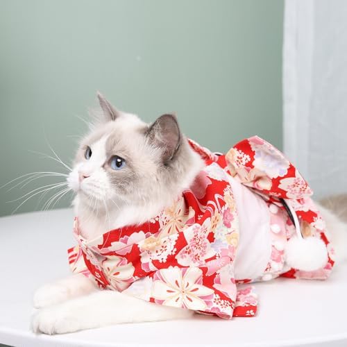 Cute Cat Kimono Dress SakuraFlower Pattern with Bowtie Pet Photo Cat Halloween Costume Cat Princess Cute Cat Outfit (Red,S-3to7lb)