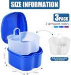 KISEER 3 Pack Colors Denture Bath Case Cup Box Holder Storage Soak Container with Strainer Basket for Travel Cleaning (Blue, Light Blue, Purple)