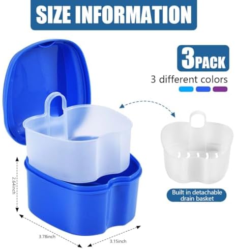 KISEER 3 Pack Colors Denture Bath Case Cup Box Holder Storage Soak Container with Strainer Basket for Travel Cleaning (Blue, Light Blue, Purple)