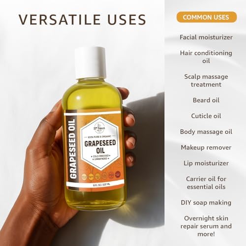 ORGANIC GRAPESEED OIL (16 oz) Cold Pressed Unrefined | 100% Pure Natural, Non-GMO | Available in Bulk | Skin, Hair, Face, Carrier for Essential Oils, Soap Making | 16 FL OZ