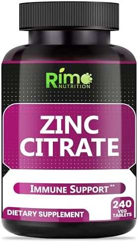 Zinc Citrate 50mg Vegetable Tablets – 240 Count – Non-GMO, Gluten Free, Supplement – Immune System Support, Skin Health & Eye Health – High Absorption Zinc Citrate Formula
