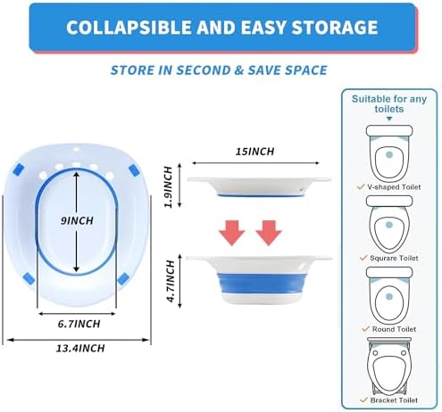 Sitz Bath for Hemorrhoids, Sitz Bath for Toilet Seat, Sitz Bath for Postpartum Care,Collapsible Sits Bath Kit for Women,Easy to Store,Flusher Hose,Wide Seat,Deeper Bowl (Manual Blue)