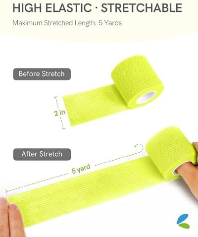 FriCARE Self Adhesive Bandage Wrap, Medical Tape in First Aid Kit, Cohesive Bandages for Wounds Sport Vet, 2 Inches X 5 Yards 6 Rolls, Fluorescent Yellow