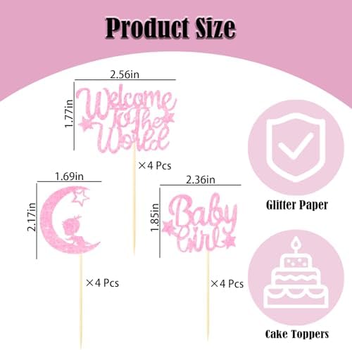12PCS Pink Baby Girl Cupcake Toppers - Glitter Moon & Welcome to the World Set for Baby Showers & Gender Reveals
