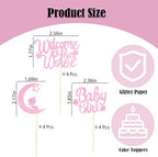 12PCS Pink Baby Girl Cupcake Toppers - Glitter Moon & Welcome to the World Set for Baby Showers & Gender Reveals