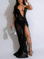 Uni Clau Women Sexy Mesh Sheer Maxi Dress Y2k See Through Low Cut Backless Bodycon Fitted High Slit Long Dress Party Dresses
