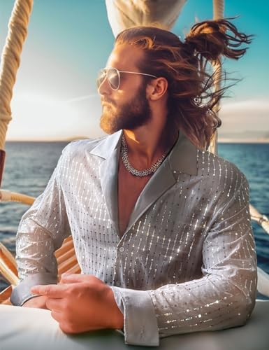 Mens Mesh Sequins See Through 70s Disco Long Sleeve Button Down Shirts