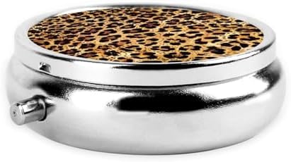 Cheetah Leopard Brown Print Round Metal Pill Box with 3 Compartment for Pocket or Purse Travel Bag Mini Small Size 2 inche