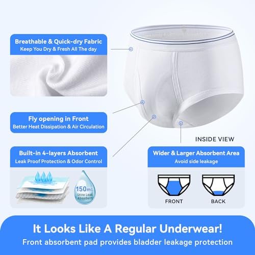 Carer Mens Incontinence Underwear Washable 3 Pack Cotton Reusable Incontinence Boxers Briefs for Men Built in Cotton Pad for Bladder Leakage 150ML, Large