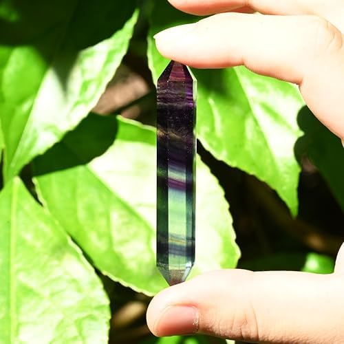 WHAL&YUNE Gemstone Wands 1PC, Rainbow Fluorite Hexagonal Wand Crystals and Healing Stones, Natural Hand Carved Pointed Stone Crystals Tower for Home Decor- 3"-3.5"(8-9cm)