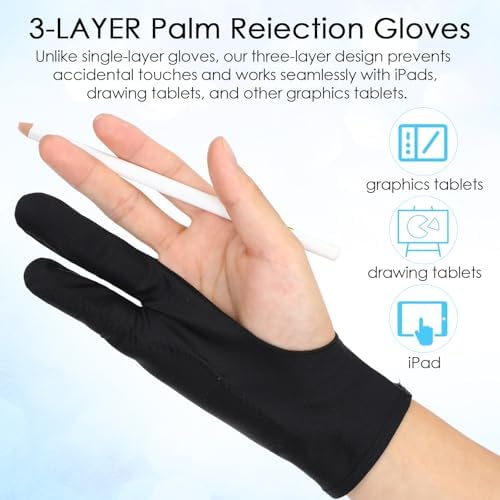 2 Pack Digital Drawing Glove, 3-Layer Palm Rejection Two-Finger Artist Glove Fits Left Right Hand for Art Graphic Tablet Paper Sketching Painting, Includes 2 Cleaning Cloth