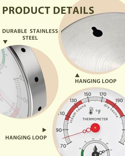 YIGNEY Sauna Thermometer and Hygrometer Combo – Stainless Steel Sauna 2 in 1 Fahrenheit Thermometer Hygrometer, with Color-Coded Dial 5" Large Display, for Home Spa, Steam Rooms, Sauna Room