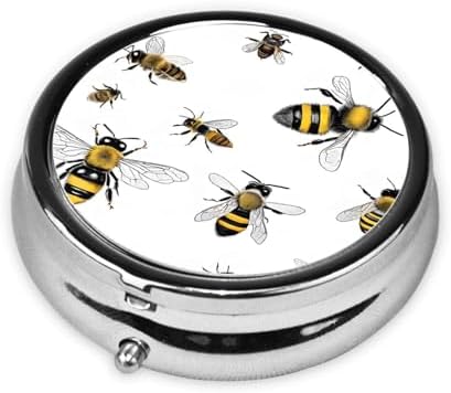 (Funny Bees) Round Pill Box,3 Compartment Pill Box Mini Decorative Pocket Purse Portable Travel Medicine Tablet Vitamin Holder Organizer Pill Case