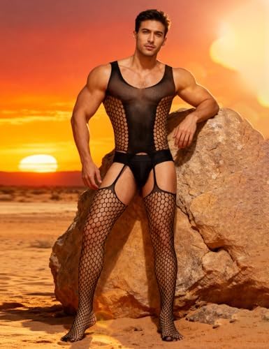 ohyeah Black Fishnet Bodystocking Lingerie for Men Onesie Bodysuit Sexy Underwear Male Lingerie Fits XS-XXL