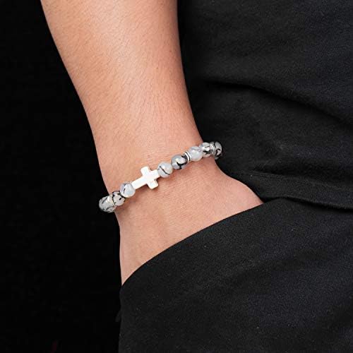 Softones 8mm Beads Cross Bracelet for Women Men Natural Stone Elastic Stretch Prayer Bracelet for Women,with Gift Box