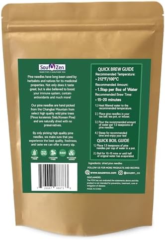 Sou Zen Pine Needle Tea Loose Leaf 4oz (113g) | Premium Quality Wild from Korean Pine Tea Leaves | Raw, Non-GMO and Caffeine-Free | Herbal Tea with No Preservatives | Chinese Medicinal Herb