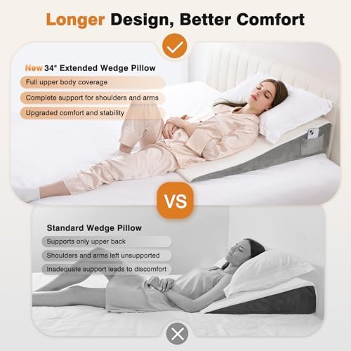 Vekkia 34" Extra-Long Wedge Pillow, Back & Arm Support, Bed Wedge Pillow for Sleeping After Surgery, Acid Reflux, Snoring Relief, Removable Washable Cover & Double Side Pockets, 7.5" Height, White