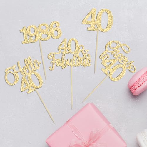 Gyufise 30Pcs 40th Birthday Cupcake Toppers 40 Fabulous Cupcake Picks Cheers to 40 1986 Cake Decorations for Happy 40th Birthday Wedding Anniversary Party Decoration Supplies Gold