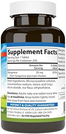 Carlson - Chelated Manganese, 20 mg - Superior Absorption, Healthy Metabolism, Bone Support & Brain Health, 250 Tablets