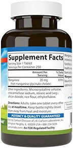 Carlson - Chelated Manganese, 20 mg - Superior Absorption, Healthy Metabolism, Bone Support & Brain Health, 250 Tablets