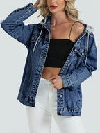 Women's Oversized Denim Jacket Long Distressed Ripped Trucker Jean Jackets Coat With Detachable Hood
