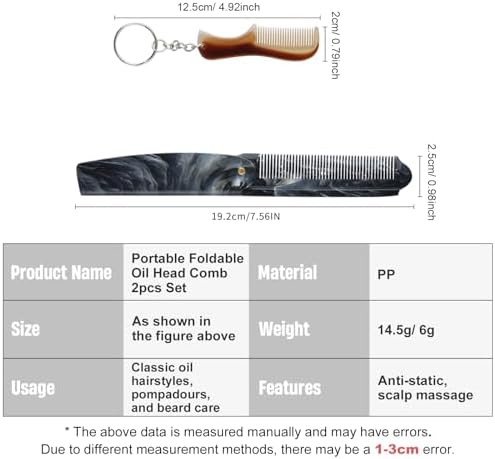 2Pcs Folding Pocket Comb for Men - Portable Oil Head Hair Comb & Mini Keychain Beard Comb, Anti-Static Styling Tool for Travel, Daily Grooming, Pompadour & Beard Care