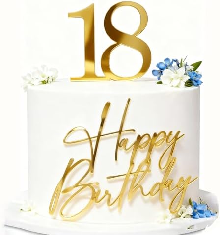 Happy Birthday 18 Cake Topper, Acrylic Gold Happy 18th Birthday Cake Decoration Cheers to 18 Years Cake Pick Eighteen Hello 18 Fabulous Cake Sign for Party Supplies