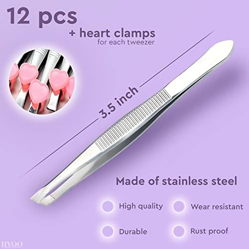 12 Pcs Eyebrow Tweezers for Women - 3.5" Stainless Steel Tweezers for Women Facial Hair with Heart Clamps, Effortless Eyebrow Plucking & Ingrown Hairs - Compact Size for Browists & Beauty Enthusiasts