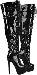 richealnini Women's Platform Thigh High Boots with Zippers and Rivets Lace Up Buckle Heels Over Knee High Boots