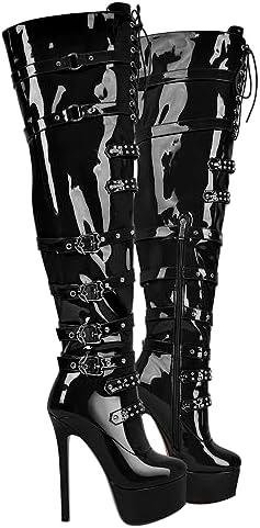 richealnini Women's Platform Thigh High Boots with Zippers and Rivets Lace Up Buckle Heels Over Knee High Boots
