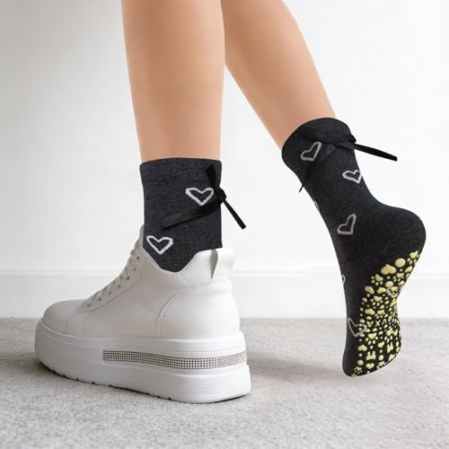 4Pairs Cute Pilates Grip Socks for Women Lace-trimmed Bow Pattern Non Slip Grip Socks for Yoga, Barre, Barefoot